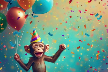 Wall Mural - Children's birthday concept. A cute monkey with confetti and colorful balloons.