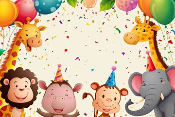 Wall Mural - Cute children's birthday card in cartoon style with different animals.