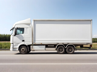 A white cargo truck design with a white blank empty trailer for an ad on a highway road in Europe design.