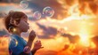 © ArquitecAi - Child Blowing Bubbles with Colorful Sunset as Backdrop AI Generated