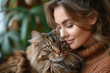 © Spicy World - Serene moment as a young woman embraces her fluffy tabby cat indoors