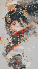 Wall Mural - A painting of a woman with a sword. A flat illustration on a grey background, a fantasy medieval Japanese character with long hair