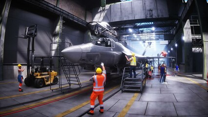 Wall Mural - Production of military fighter jet f 35 at the factory. Military factory weapon. Realistic 4k animation.