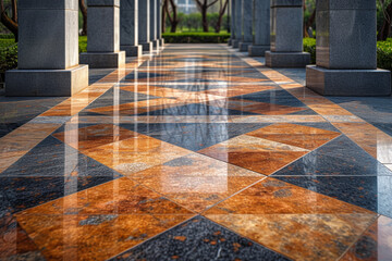 Canvas Print - A close-up of a modern urban plaza with geometric patterns in the pavement, showcasing the intentional design and balance within an open public space.  Generative Ai.