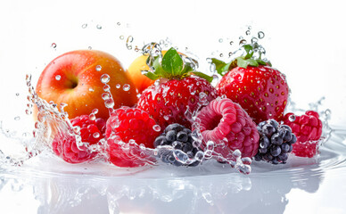 Fresh, ripe red fruits fall into the water. Juicy and ripe berries with splash of water isolated on white background.