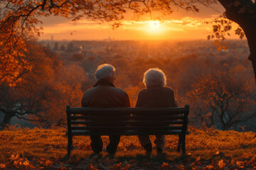 Canvas Print - A photograph of an elderly couple enjoying a peaceful sunset on a park bench, highlighting the beauty of shared moments and enduring love in old age. Concept of enduring companionship. Generative Ai.