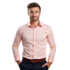 Wall Mural - Handsome Man wearing light pink Long Sleeve Shirt Model Attractive Fit Muscular Confident Professional Isolated Transparent Background Fashion Male Model Photography, caucasian, white man, young