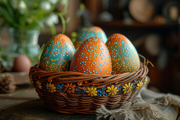 Wall Mural - Delicate hand-painted Easter eggs arranged in a decorative basket, showcasing traditional craftsmanship. Concept of Easter egg artistry. Generative Ai.