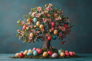 Canvas Print - A whimsical Easter egg tree adorned with hanging ornaments, adding a touch of enchantment to the celebration. Concept of Easter egg tree. Generative Ai.