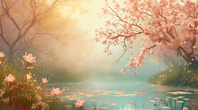 Abstract Nature Background With Sakura Flowers And Pond In The Morning.