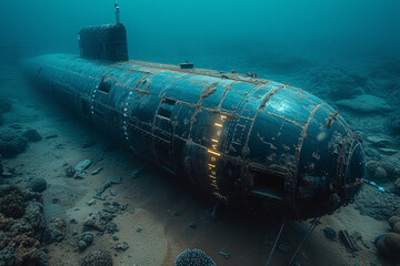 Poster - A cargo submarine submerging beneath the ocean's surface, exploring subaquatic transport possibilities. Concept of underwater cargo. Generative Ai.