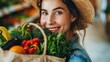 © марта максимів - Beauty portrait of a woman surrounded by various healthy food lying. Healthy eating and sports lifestyle concept