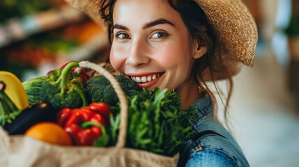 Beauty portrait of a woman surrounded by various healthy food lying. Healthy eating and sports lifestyle concept