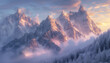 A breathtaking view of rugged, snow-covered mountain peaks bathed in the warm glow of a sunset, with a forest of frosted trees and a blanket of clouds below