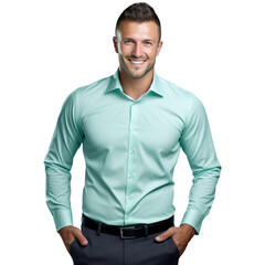 Wall Mural - Handsome Man wearing Turquoise green Long Sleeve Shirt Model Attractive Fit Muscular Confident Professional Isolated Transparent Background Fashion Male Model Photography, caucasian, white man, young