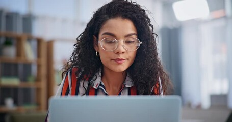 Wall Mural - Woman, living room and laptop in home for research, blog or online writing career. Female person, freelancer and remote work with technology for internet, networking and communication in house