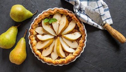 Poster - pie and pears are laid out on a black background next to a kitchen towel