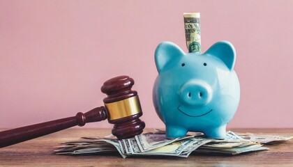 Wall Mural - piggy bank with judge gavel and money on pink background bankruptcy concept