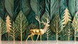 © Pauline - abstract modern and creative 3d interior mural art dark green and golden forest trees deer animal wildlife