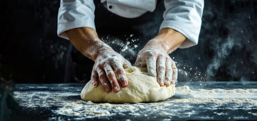 Hands kneading bread dough. Baking concept. Hard working male prepares pastry by himself, kneads dough on wooden counter with flour. Male cook bakes bread or delicious bun