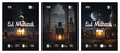 Eid mubarak. Vector illustrations of mosque, lantern and moon for background, poster or flyer.