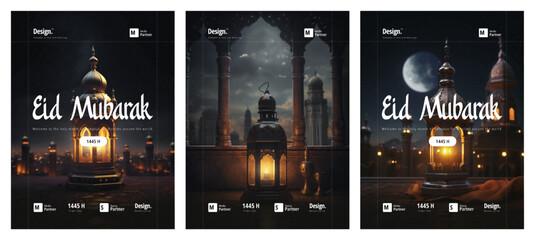 eid mubarak. vector illustrations of mosque, lantern and moon for background, poster or flyer.