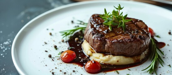 Canvas Print - Delicious plate of food with grilled meat, fresh vegetables, and colorful side dishes for a healthy dinner or lunch meal