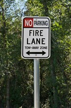 Fire Lane And No Parking Sign Closeup Isolated With A Backdrop Of Tree Canopy.