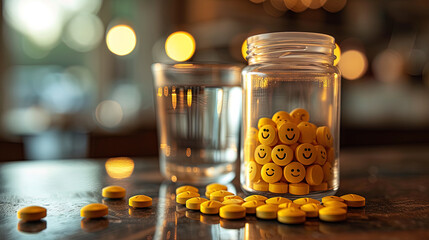 Pill blister, the pills are yellow with smiling faces, on table next to a glass of water.