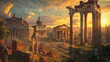 Leinwandbild Motiv Ancient Rome at sunset, scenery of buildings and ruins in summer. Beautiful sunny panorama of historical city houses, sun and sky. Concept of Roman Empire, antique, painting, background.