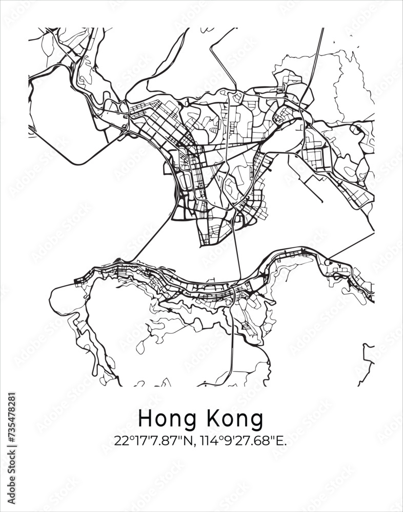 Hong Kong city map. Travel poster vector illustration with coordinates. Hong Kong Vector Map in light mode.