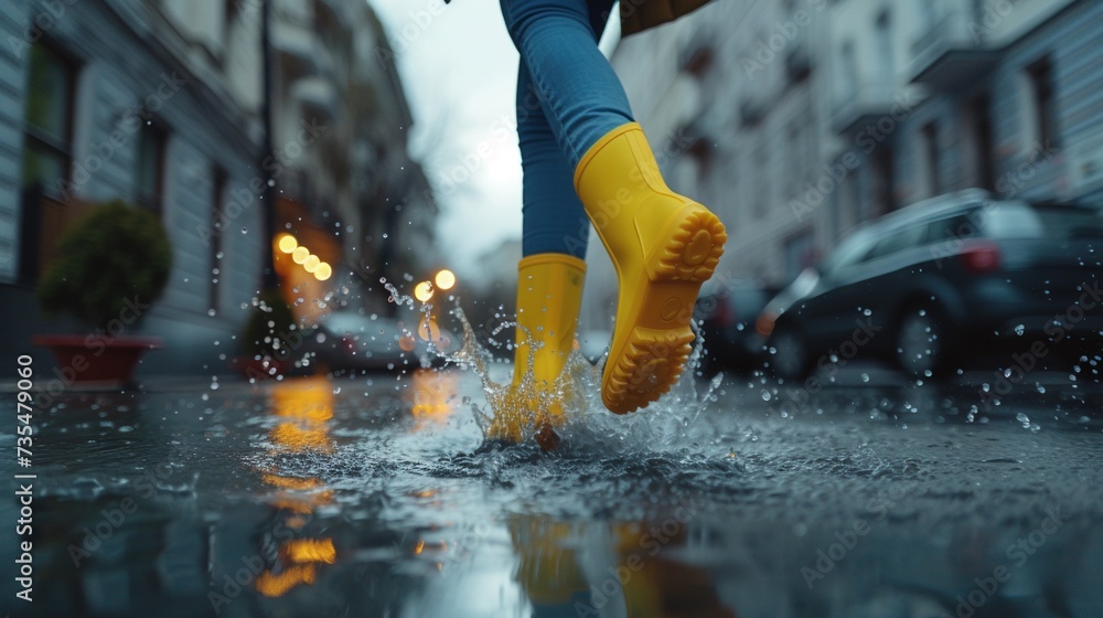 Feet in yellow rubber boots rain puddle on city street background, fun ...