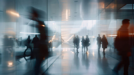 Modern hallway interior with defocused bokeh lights and shiny floor reflections