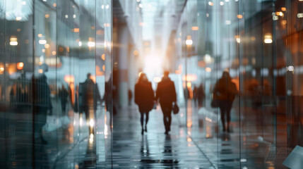 Modern hallway interior with defocused bokeh lights and shiny floor reflections