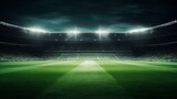 Fototapeta Sport - cinematic view of an empty stadium with perfect lawn and dramatic spotlights. 