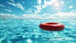 A red life preserver floats in the center of a calm body of water during summer.