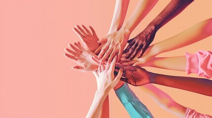 Canvas Print - Panoramic Teamwork, empathy, partnership and Social connection in business join hand together concept. Hand of diverse people connecting. Power of volunteer charity work, Stack of people