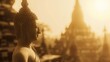 Waisak day concept: Sepia tone, silhouette Budha with blurred tourist attraction on sunset background