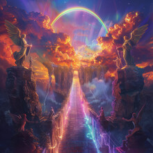A Bridge Of Light Spanning A Neon Lit Chasm Guarded By Angelic And Devilish Statues Under A Sky Painted With Eternal Rainbows