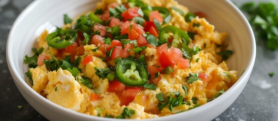 Wall Mural - Delicious Bowl of Fresh Eggs with Ripe Tomatoes and Green Onions for Healthy Breakfast or Brunch