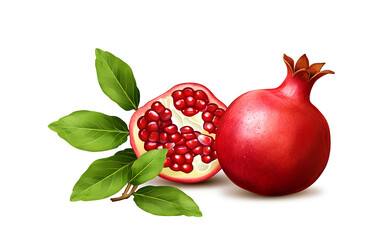 Wall Mural - Fresh ripe pomegranate with green leaves isolated on white background.
