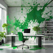 green washing, modern office with green paint splattered all around, companies pretending to be environmentally sustainable