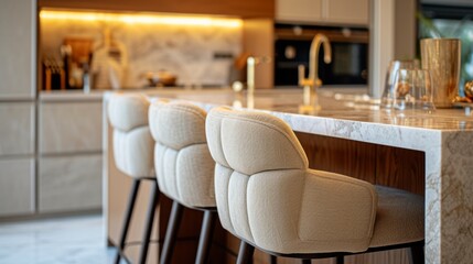 Canvas Print - A kitchen counter with three chairs and a marble island, AI