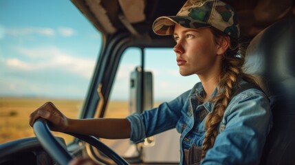 Canvas Print - A woman driving a truck with her hair in braids, AI