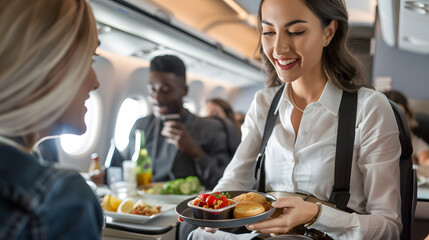 A photo of a flight attendant serving passengers food and drinks. a happy flight attendant wearing a uniform offers lunch to the passengers of the plane.