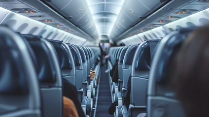 A photo of a commercial airplane passenger. a passenger aisle with seats and people in the background.