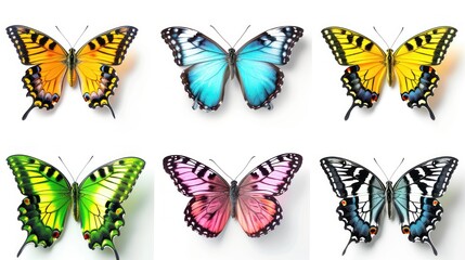 Set of beautiful and colorful butterflies isolated on white background.