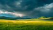 landscape photo. A late afternoon panoramic photograph of the Mongolian grasslands as a storm approache