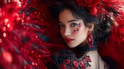 Sticker - A woman with red makeup and feathers on her face, AI