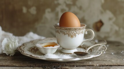 Wall Mural - A white plate with a cup and an egg on it, AI